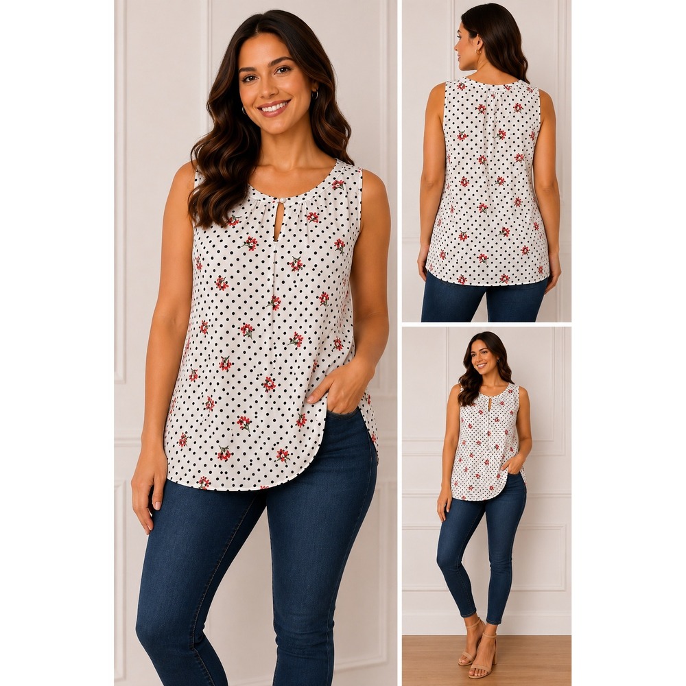 Liz Claiborne Sleeveless Blouse Womens 1X White Polka Dot Floral Career Retro